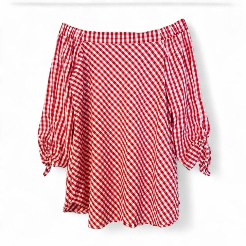 Comfy USA Red White Gingham Off Shoulder Tunic Blouse SZ M - Picture 6 of 6